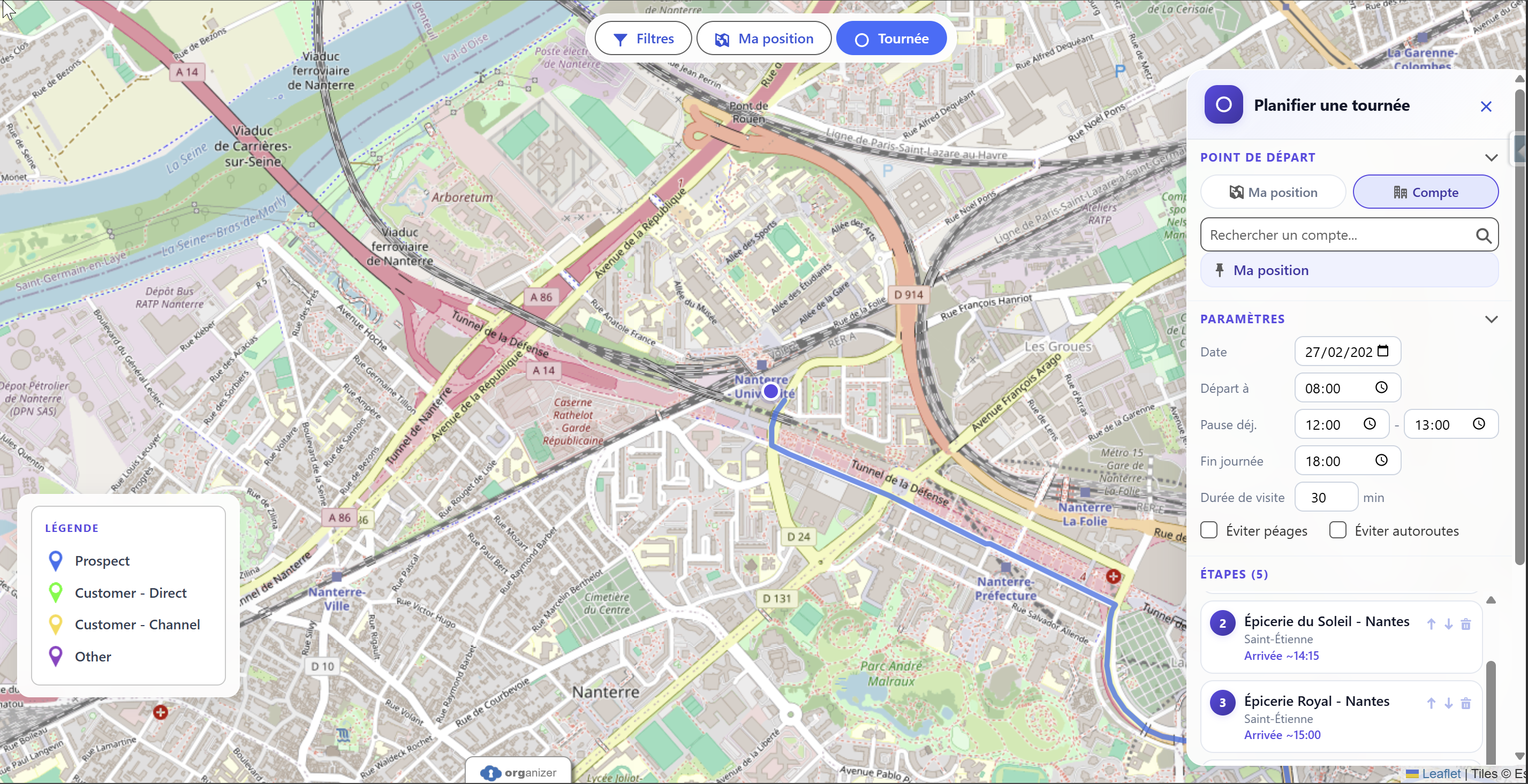Vue satellite avec légende des types de clients et paramètres de tournée