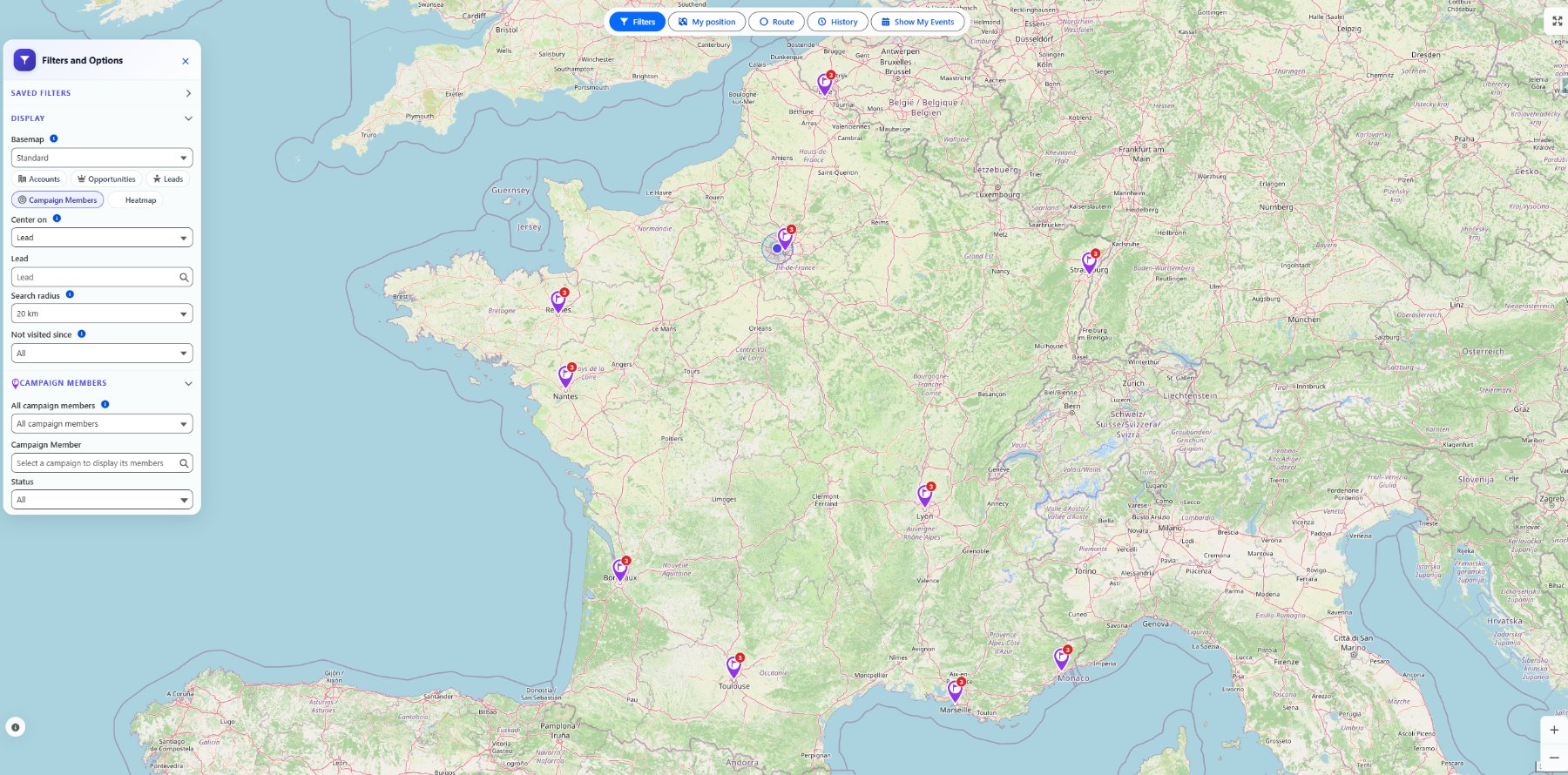 Tourvia Campaign Member map with campaign picker and status filter