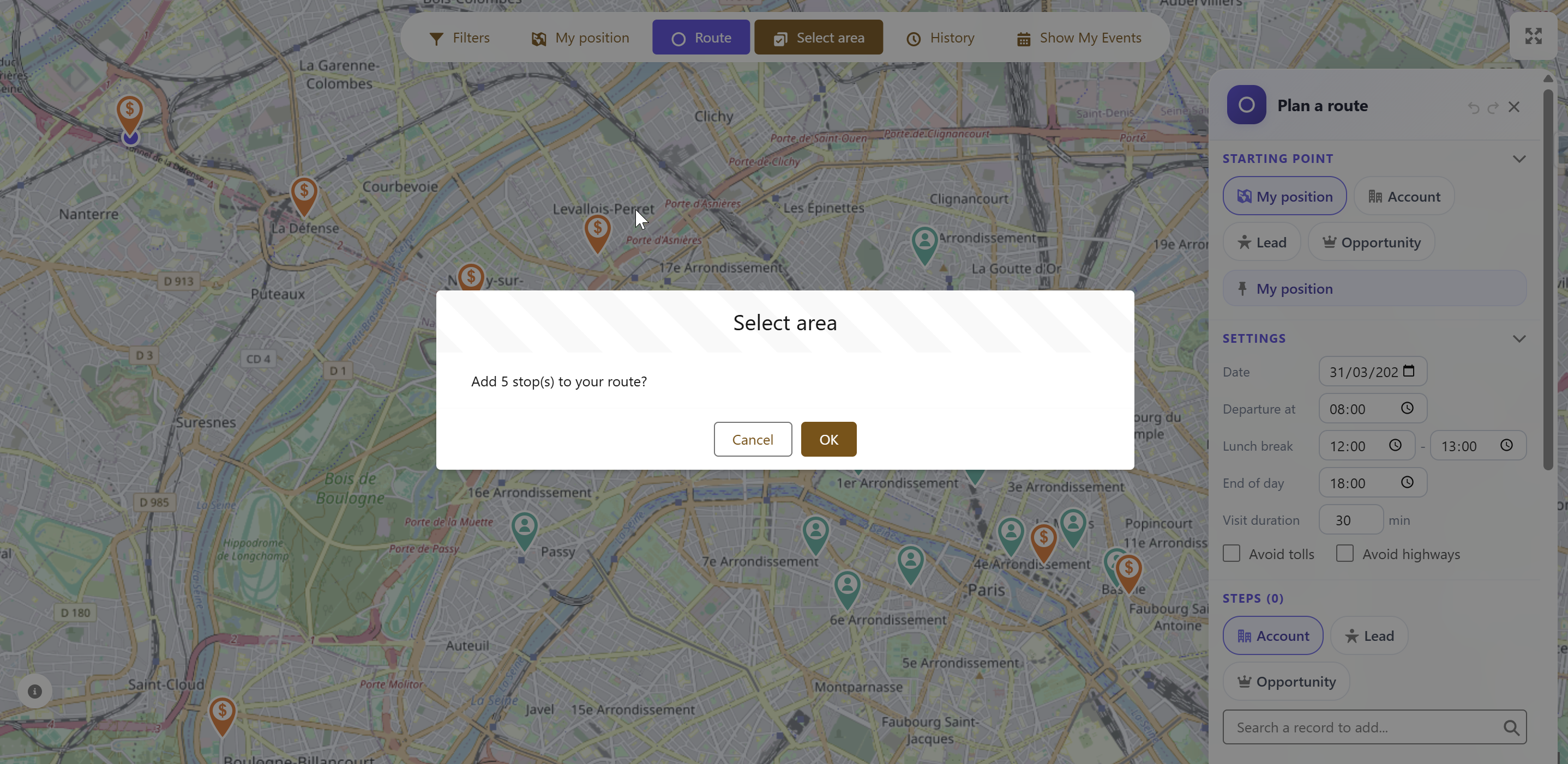 Bulk select: drag-select area to add stops to route