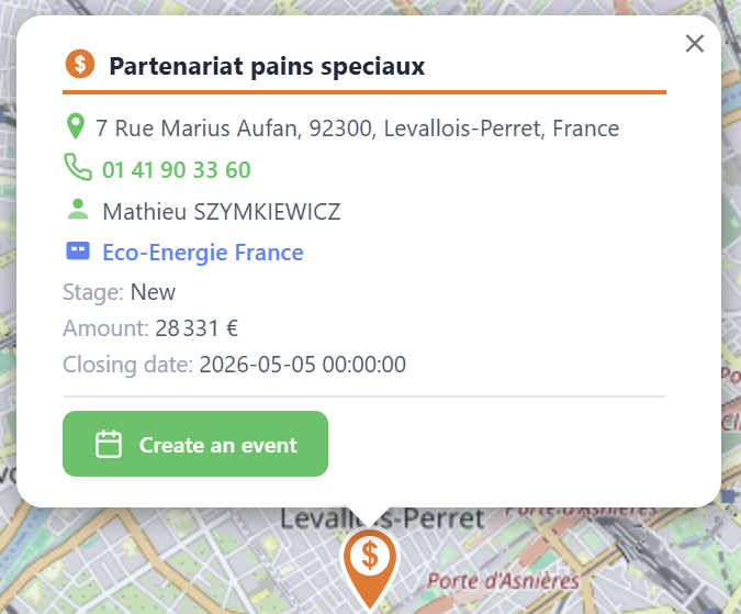 RouteForce marker popup: account details, phone, owner, last visit, create event