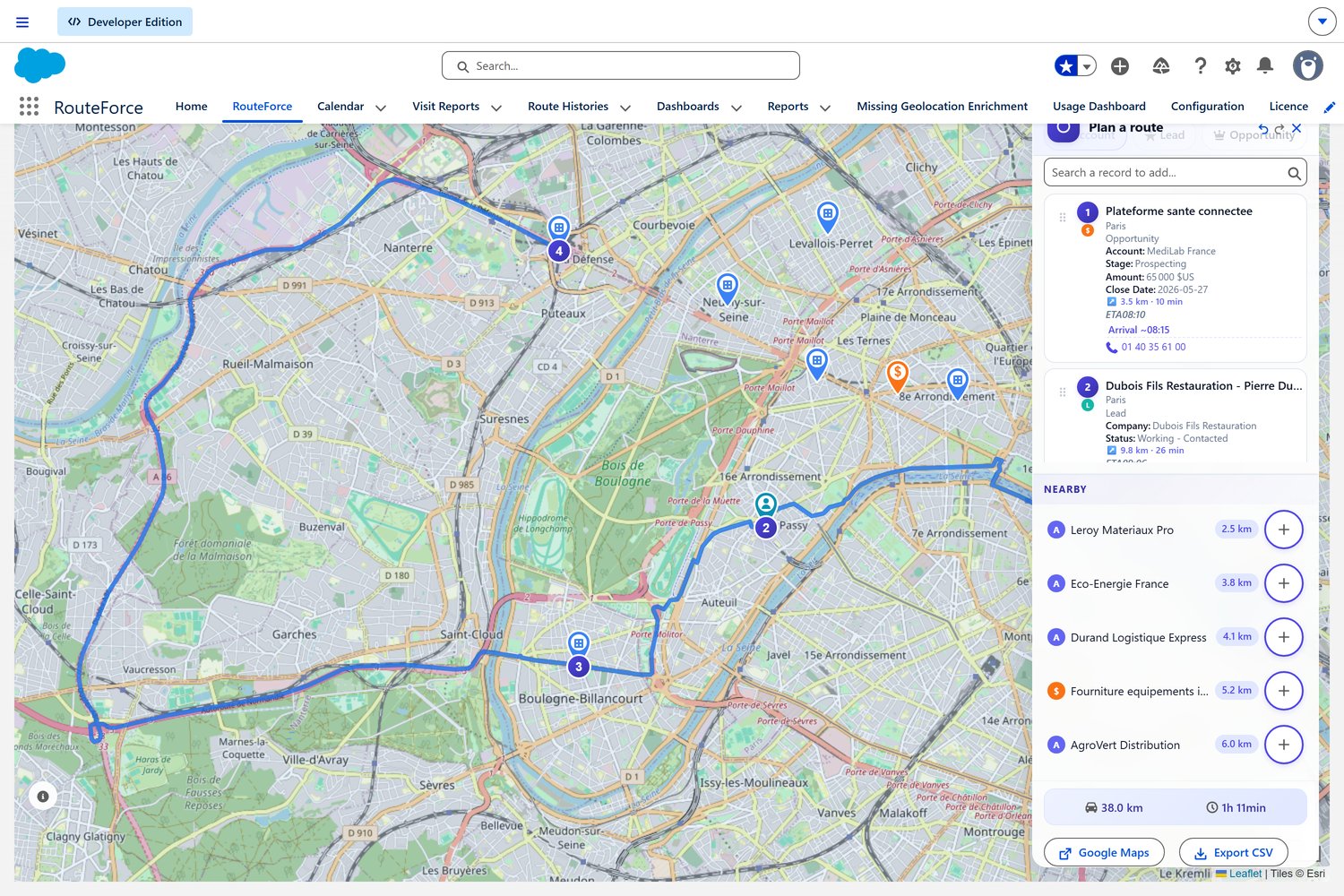 Route panel with stops