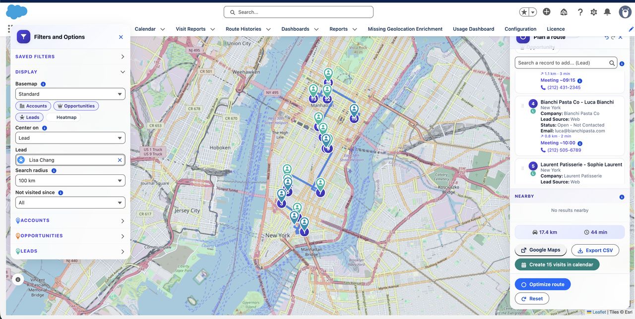 RouteForce inside Salesforce Lightning with filters, map, route planning, and visit list